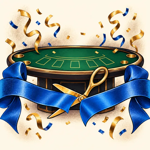 Illustration of a ceremonial blue ribbon in front of a green blackjack table