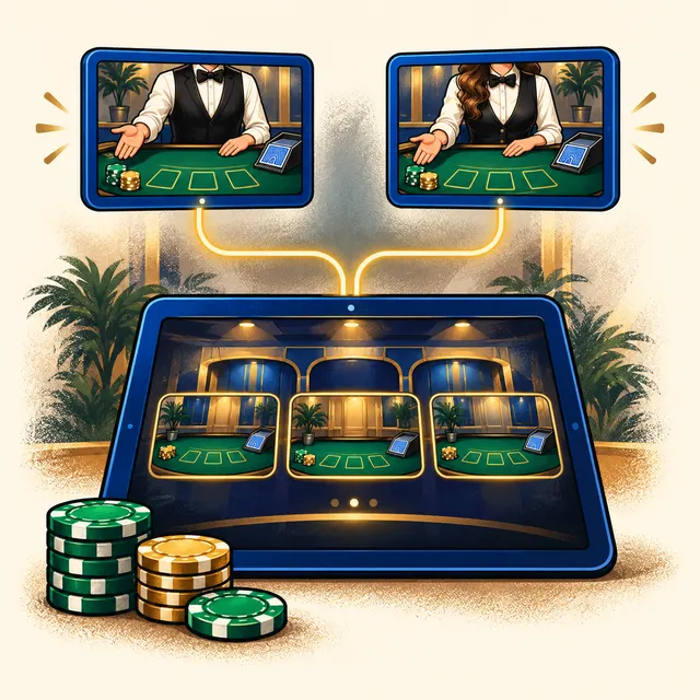 Illustration of two live blackjack screens connected to one tablet lobby