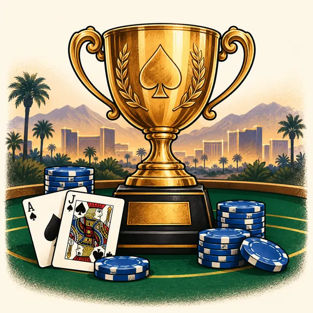 Illustration of a gold blackjack trophy with cards and blue chips against an abstract desert skyline