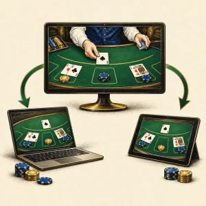 Illustration of blackjack games distributed across connected screens