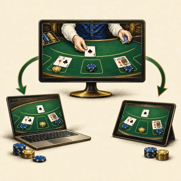 Illustration of blackjack games distributed across connected screens