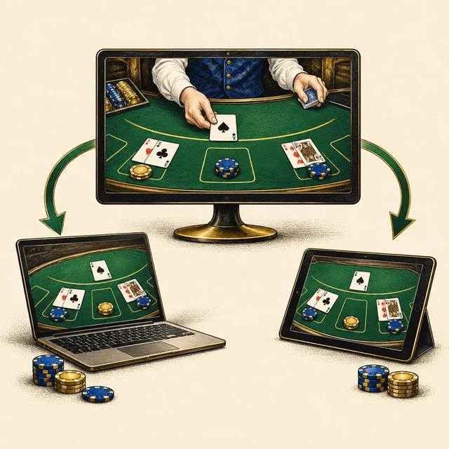 Illustration of blackjack games distributed across connected screens