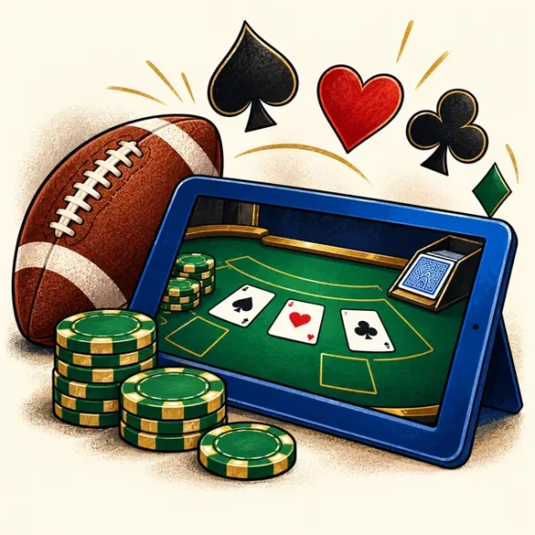 Illustration of an American football beside a tablet showing a green blackjack table