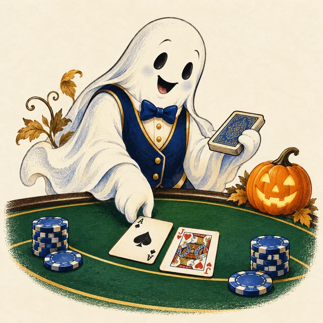 Illustration of a ghost dealer and pumpkin at a blackjack table
