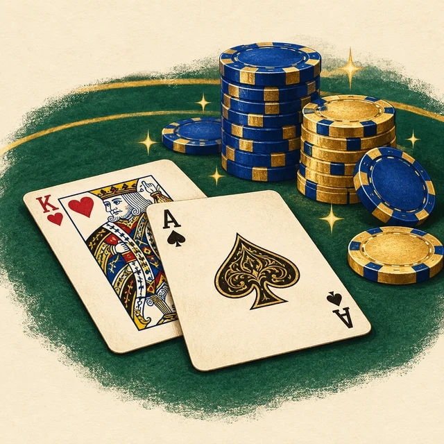 Illustration of blackjack cards with blue and gold casino chips