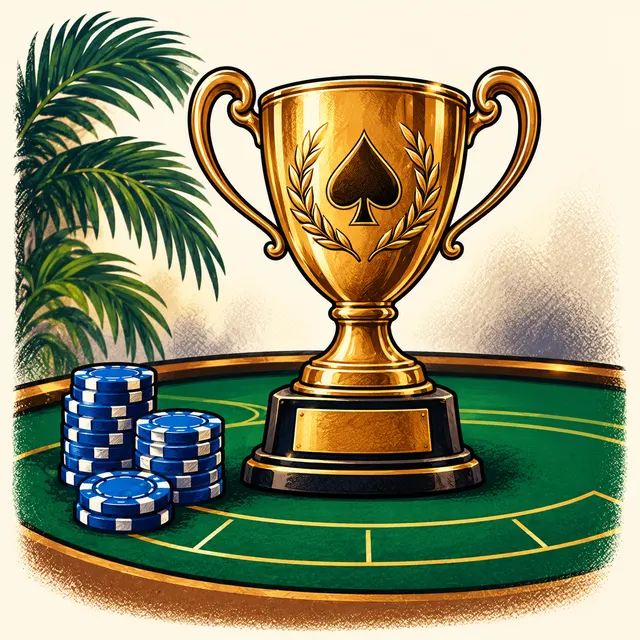Illustration of a gold blackjack tournament trophy with blue chips and a palm frond
