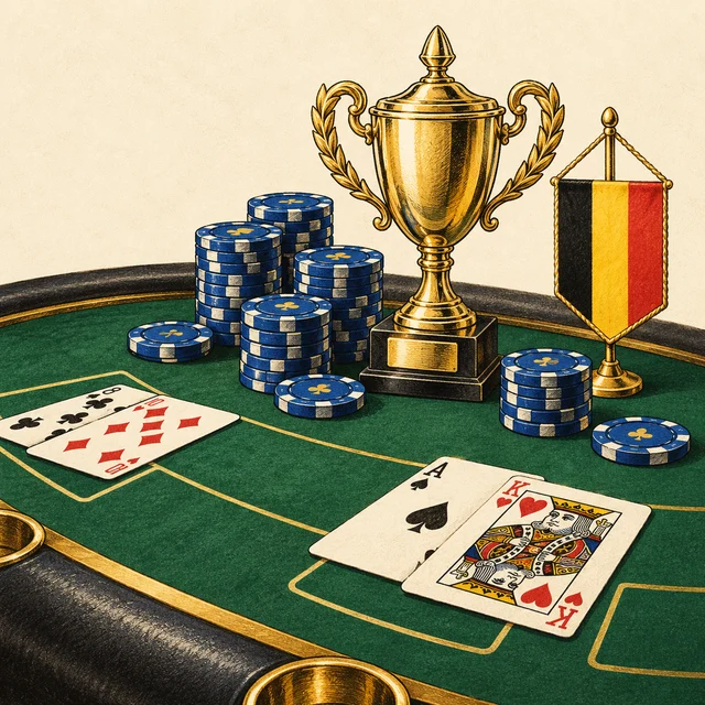 Illustration of a blackjack tournament trophy and Belgian flag