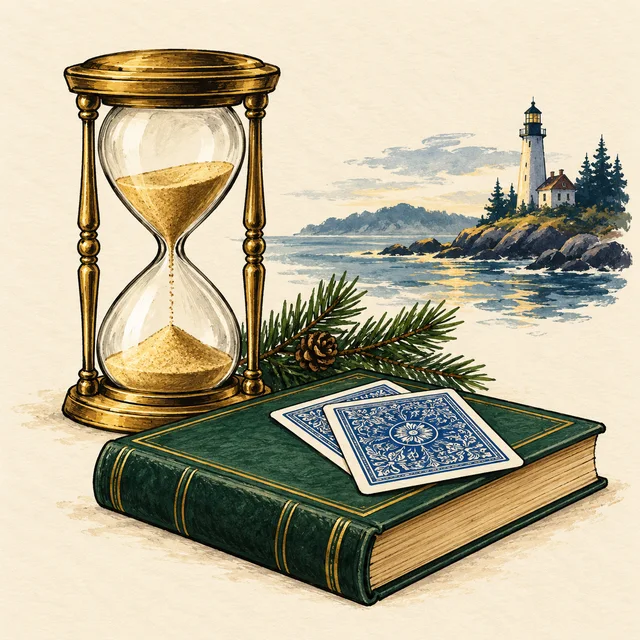 Illustration of an hourglass, rulebook and playing cards beside a Maine-inspired coastline