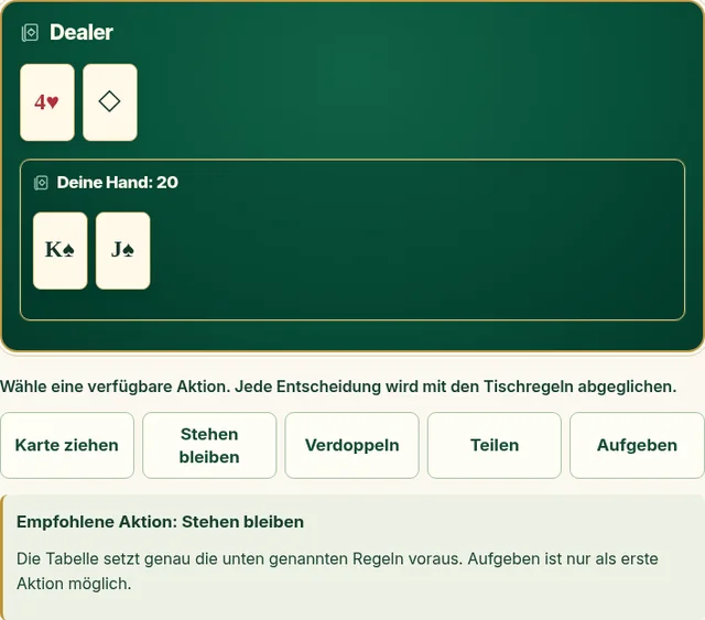 OnlineBlackjack Übungstisch mit grünem Blackjack-Tisch, Spielaktionen und Strategietipp.