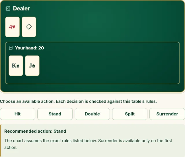 OnlineBlackjack Practice Table showing the green blackjack table, playing controls and coach tip.