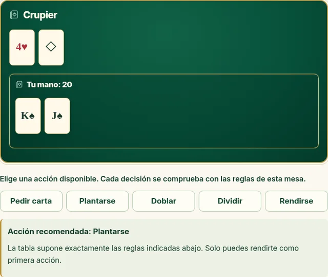 Mesa de práctica OnlineBlackjack con mesa verde, controles de juego y consejo de estrategia.