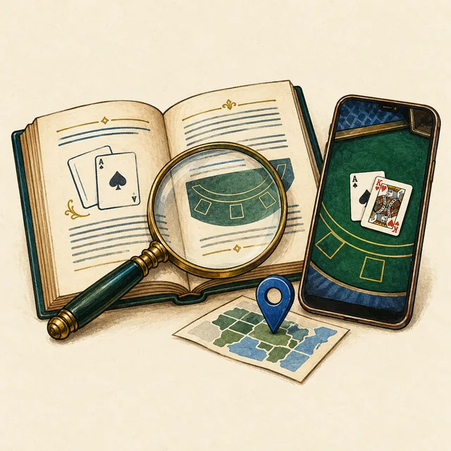 Illustration of a blackjack rulebook, magnifying glass, location marker and phone