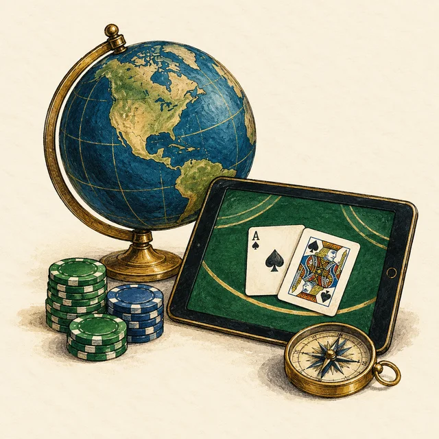 Illustration of a globe, compass and tablet with blackjack cards