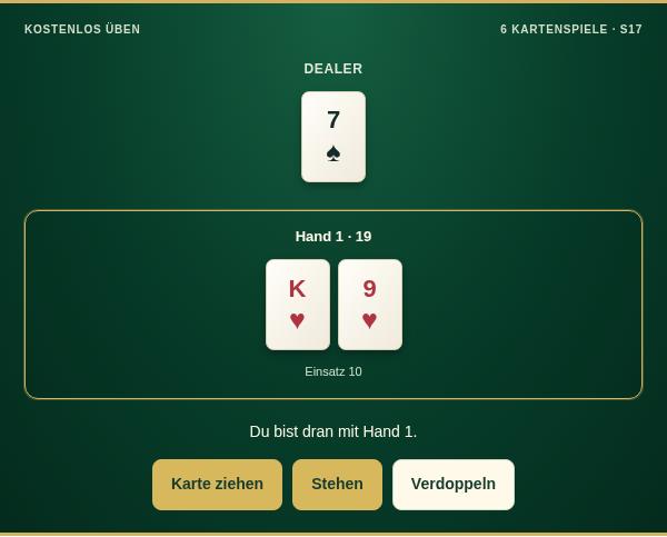 Blackjack Plus: Vorschau des Übungsspiels