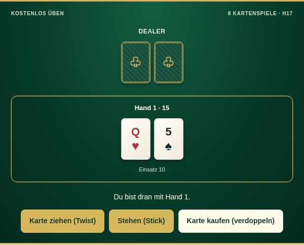 Pontoon: Vorschau des Übungsspiels