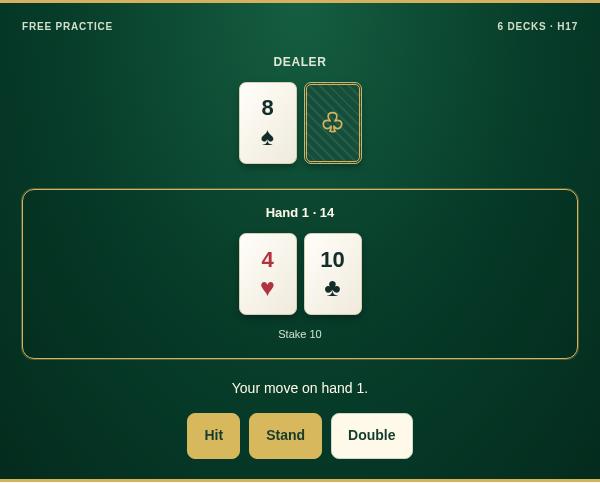 Free Bet Blackjack practice game screenshot