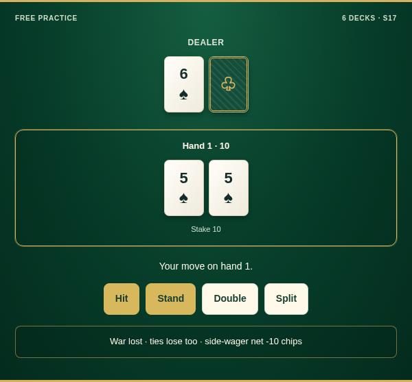 War Blackjack practice game screenshot