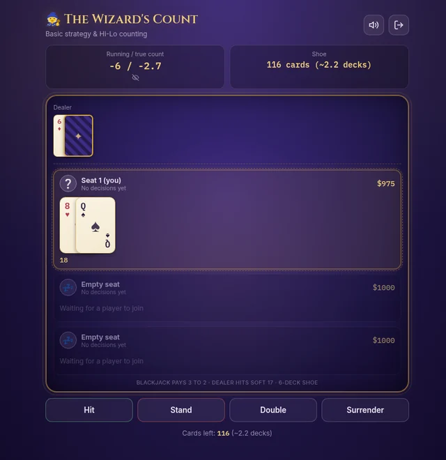 The Wizard’s Count: entrenador de blackjack con conteos, fichas virtuales y una mano de práctica.